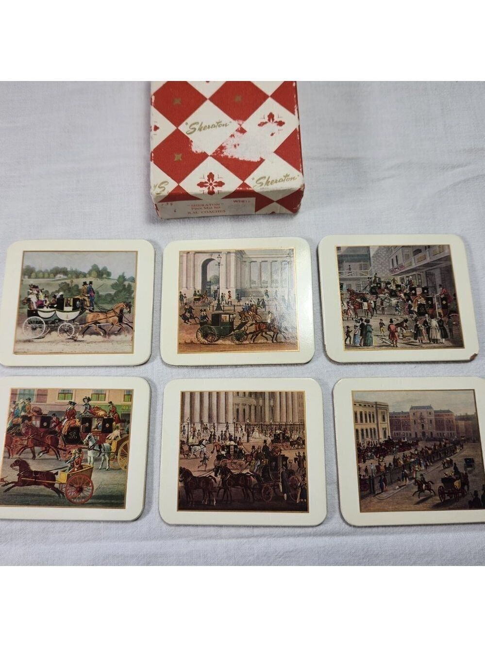 Vintage Sheraton Coasters R.M. Coaches Stagecoach Set of 6 Barware Original Box